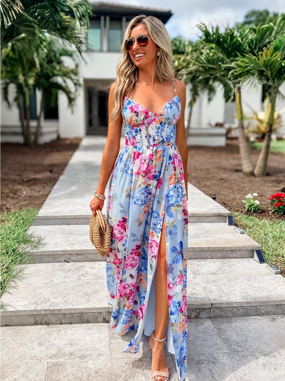 Floral Spaghetti-Strap Maxi Dress in Light Blue